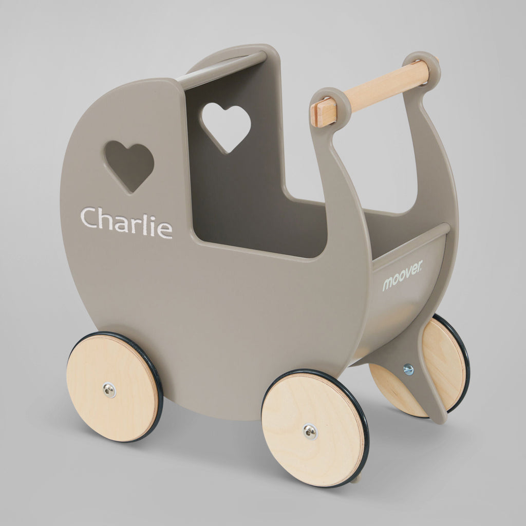 Personalised Grey Wooden Dolls Pram Moover Babyblooms