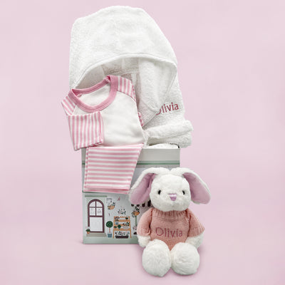Baby Girl Hamper Of Personalised Bed And Bathtime Bathrobe And Pink Soft Toy Bunny