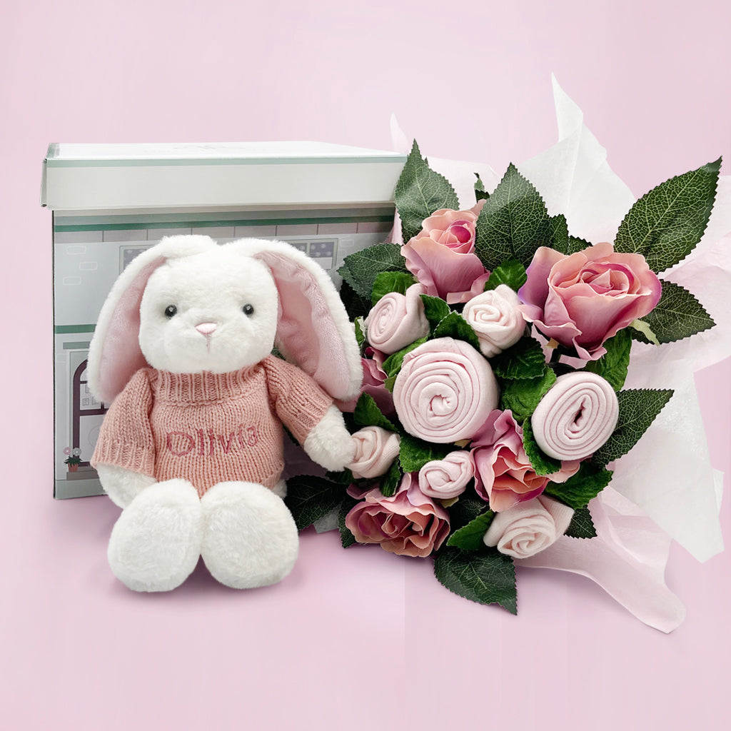 Personalised Bouquet and Bunny Gift New Baby Girl Gift Babyblooms