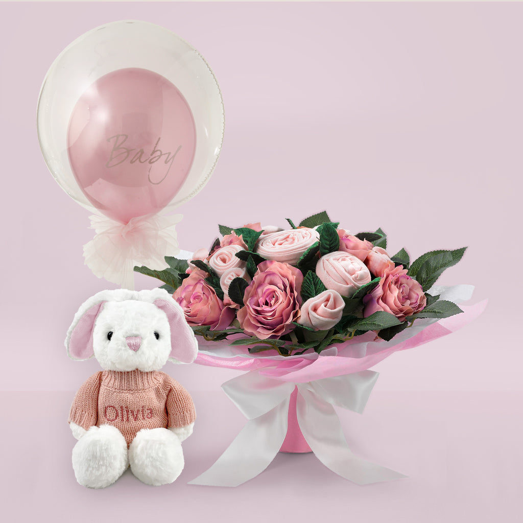 Baby Girl Gift Pink Baby Clothes Bouquet And Balloon With Personalised Pink Soft Toy Bunny
