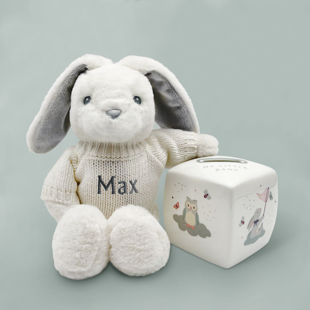 Personalised Grey Bunny & Money Box Keepsake Gifts Babybloooms