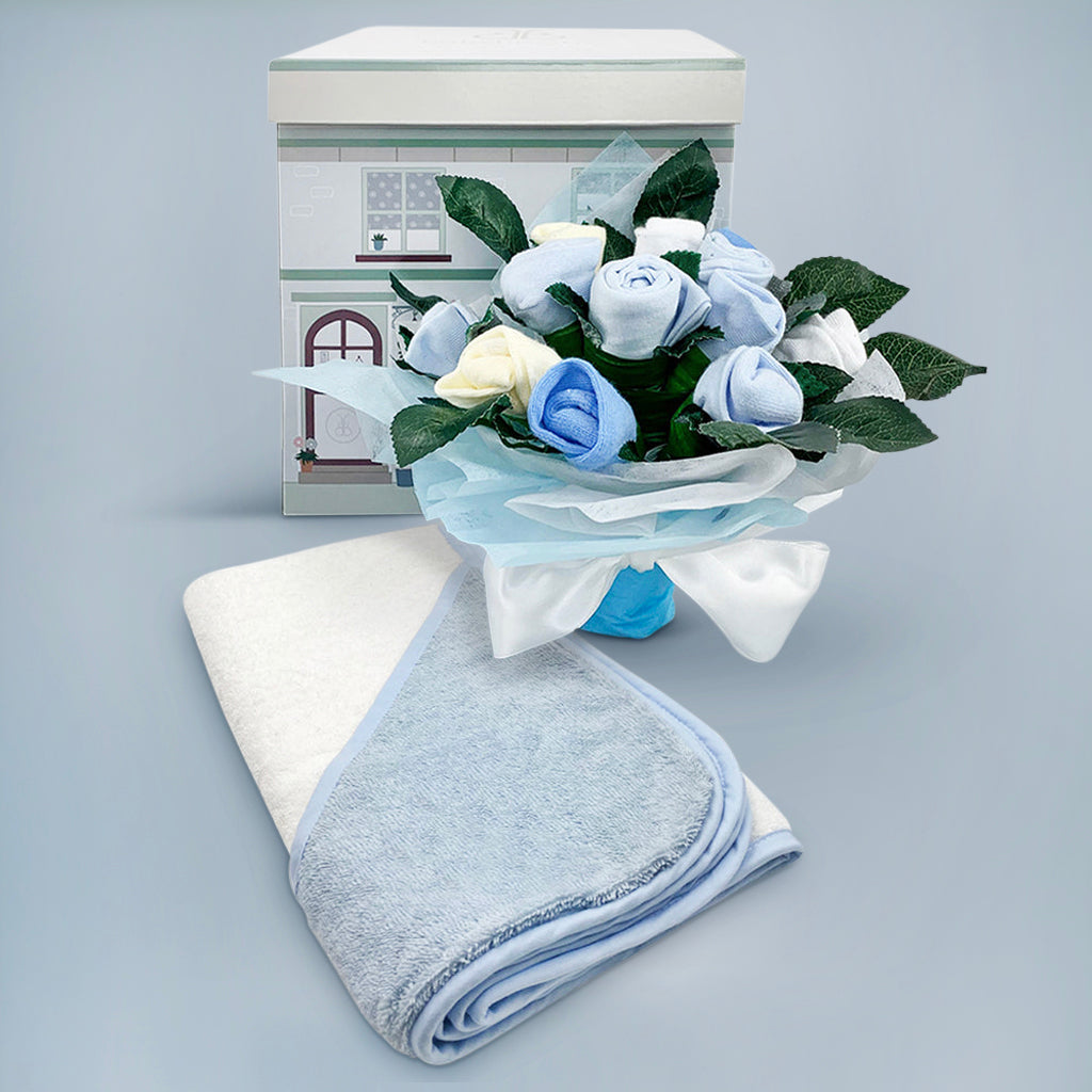 Baby Clothes Bouquet With Hooded Baby Towel, Blue Babyblooms