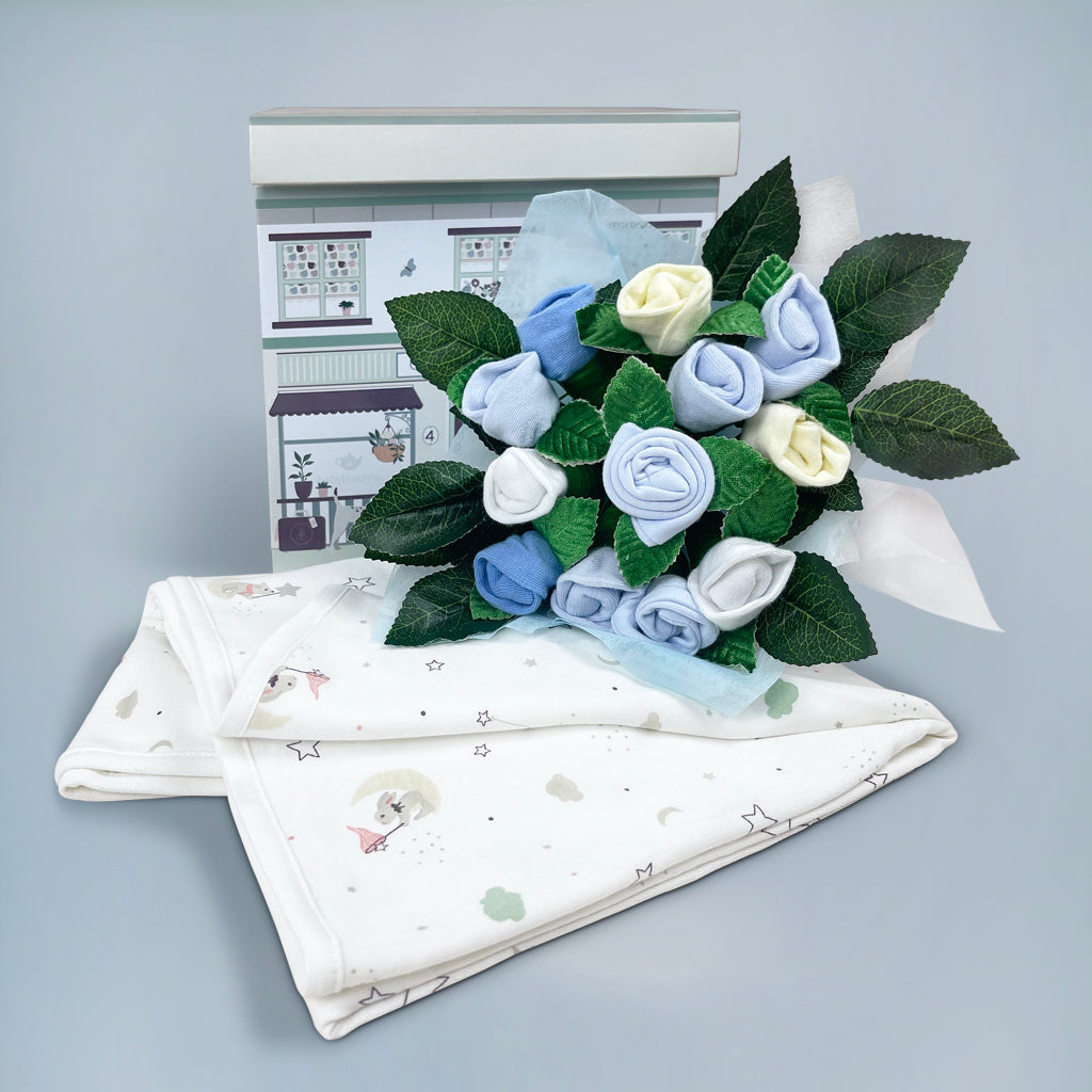Welcome Posy with Baby Wrap, Blue Babyblooms New Baby Boy Gifts