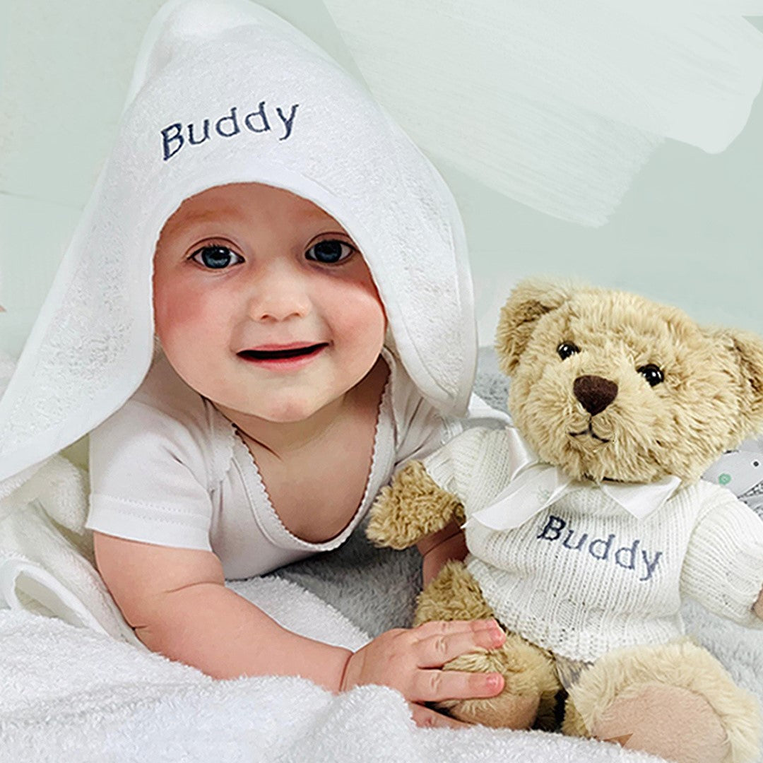 Baby with personalised hooded towel and bear
