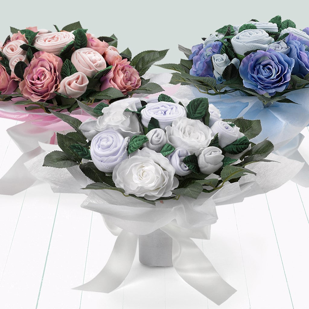 Baby Clothes Bouquets in pink, blue and white