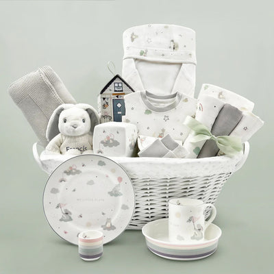Baby Hamper with rabbit soft toy and new baby gifts