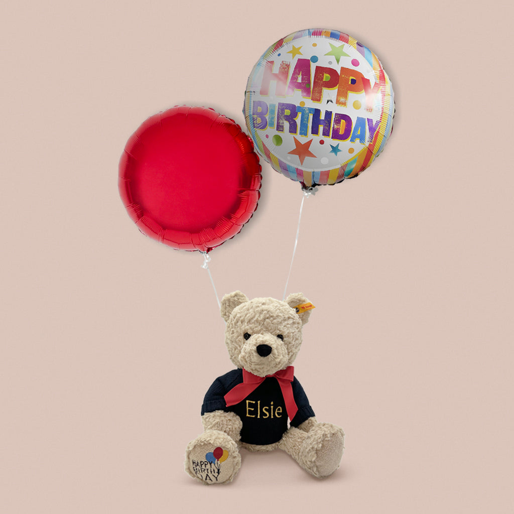 Personalised Steiff Jimmy Happy Birthday Bear With Duo Of Birthday Balloons