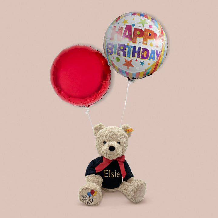 Personalised Steiff Jimmy Happy Birthday Bear With Duo Of Birthday Balloons