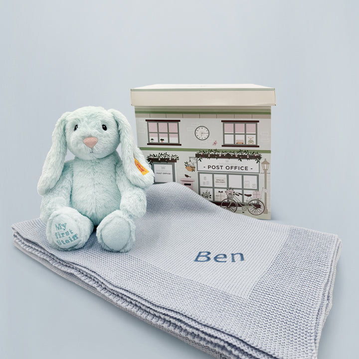 Blue My First Steiff Hoppie Rabbit with Personalised Blue Knitted Blanket