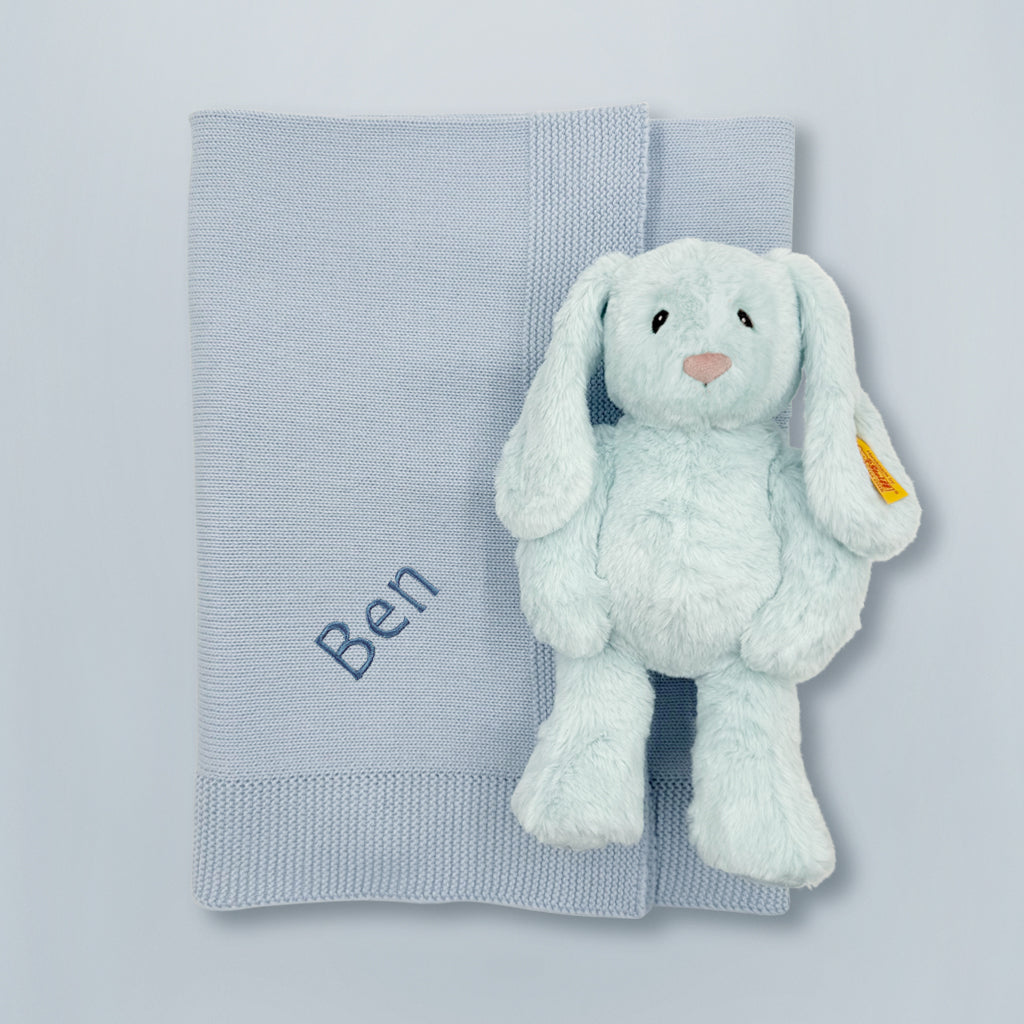My First Steiff Hoppie Rabbit , Blue with Personalised Knitted Blanket 