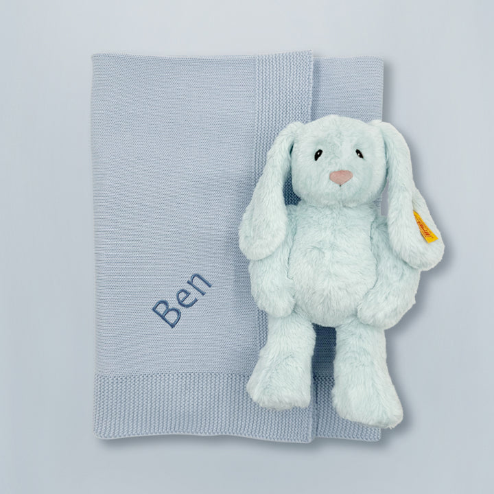 My First Steiff Hoppie Rabbit , Blue with Personalised Knitted Blanket 