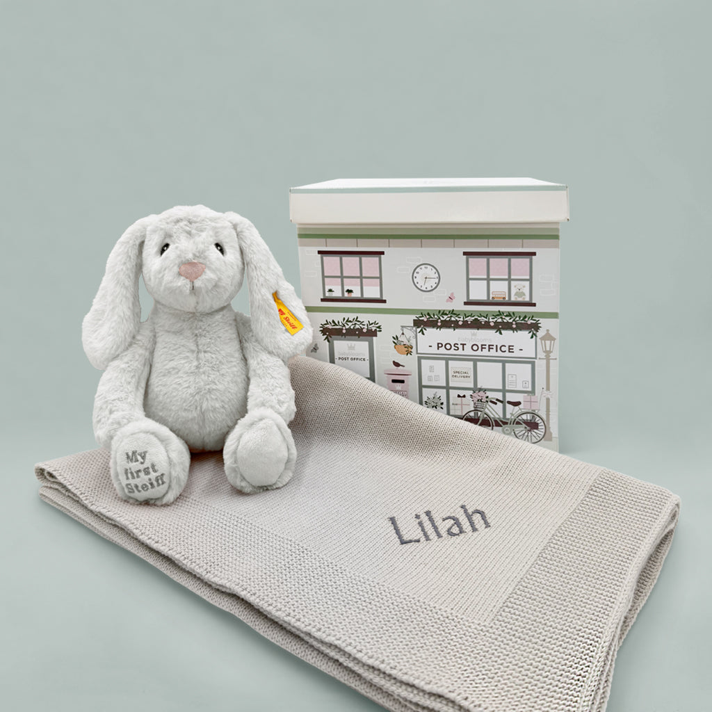 My First Steiff Hoppie Rabbit and Personalised Grey Blanket 