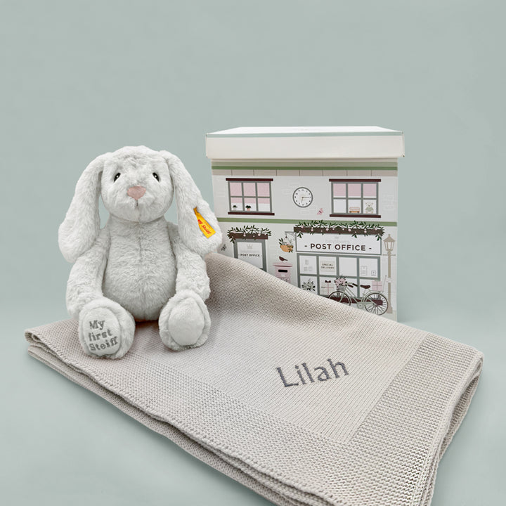 My First Steiff Hoppie Rabbit and Personalised Grey Blanket 