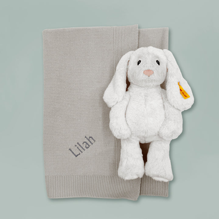Grey My First Steiff Soft Toy with Personalised Grey Knitted Blanket 