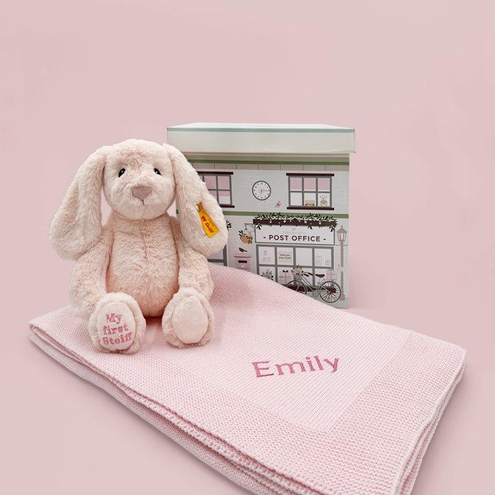 My First Steiff Hoppie Rabbit and Personalised Knitted Blanket, Pink