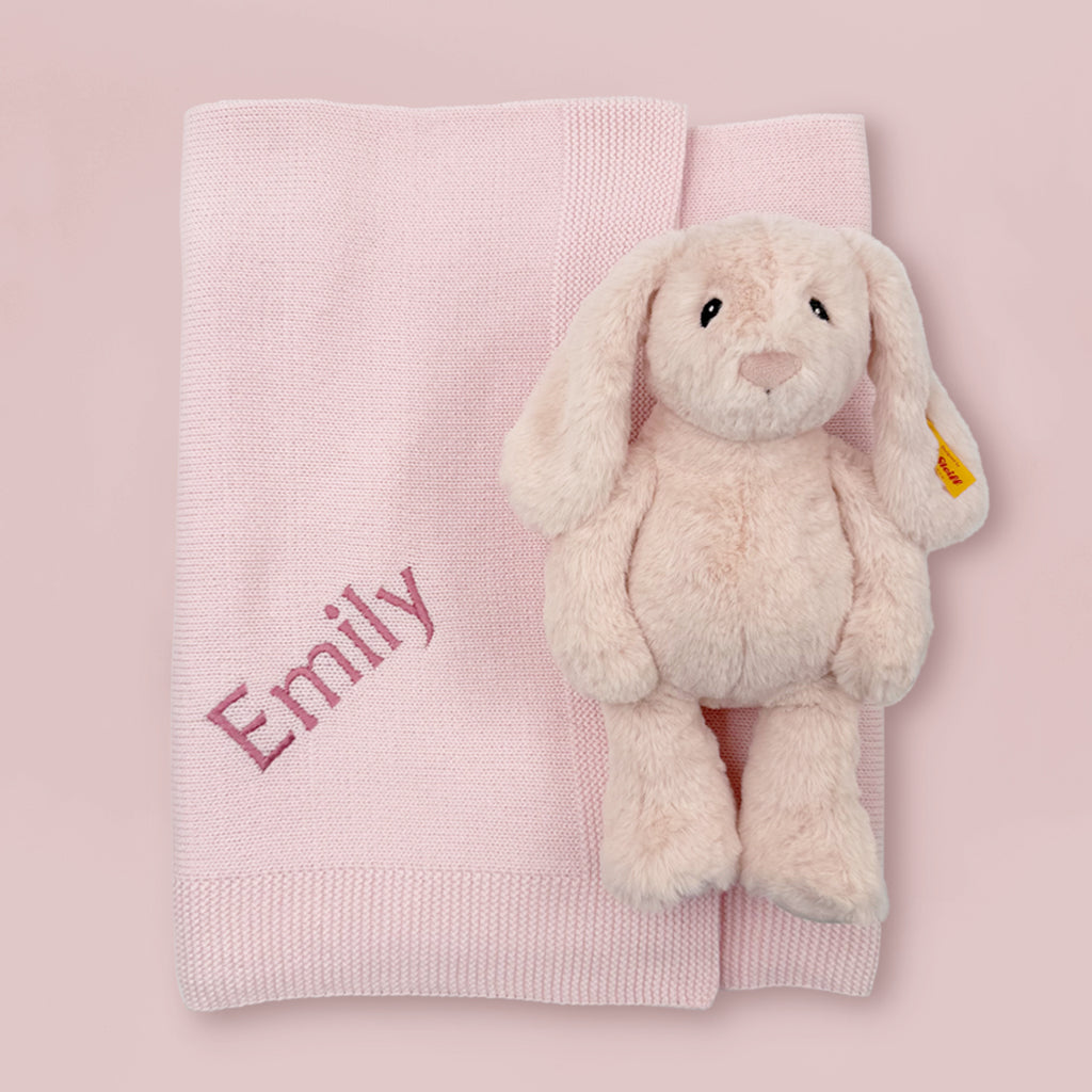 My First Steiff Hoppie Rabbit and Personalised Knitted Blanket, Pink
