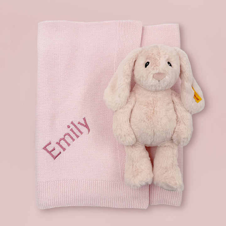 My First Steiff Hoppie Rabbit and Personalised Knitted Blanket, Pink