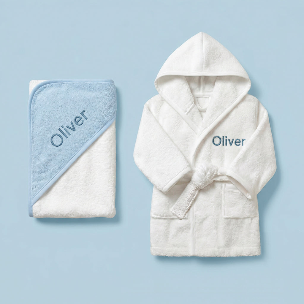 Personalised Bathrobe and Hooded Towel, Blue 0-12 Month