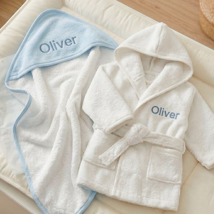 Personalised Bathrobe and Hooded Towel, Blue 0-12 Month