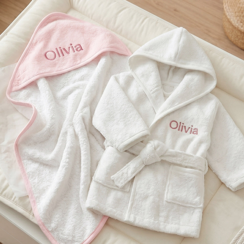Personalised Bathrobe and Hooded Towel, Pink - 0-12 Months
