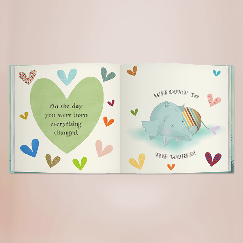 Welcome To The World Book with Personalised Baby Elephant Soft Toy