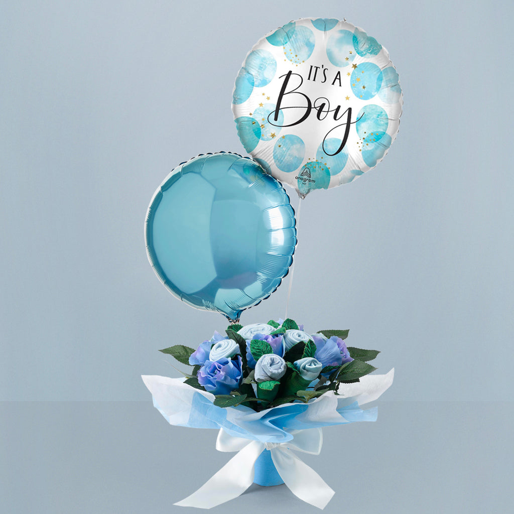 It's A Boy Balloon Duo with Hand Tied Baby Clothes Bouquet