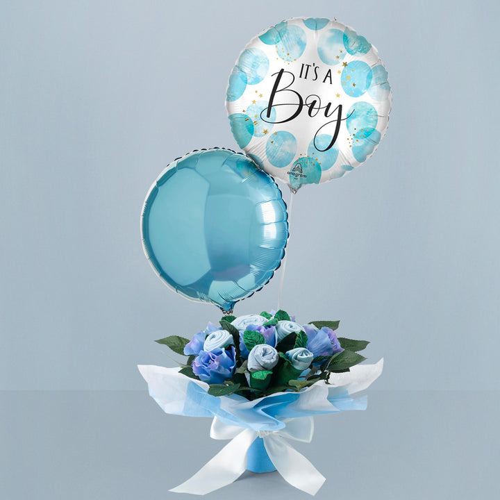 It's A Boy Balloon Duo with Hand Tied Baby Clothes Bouquet