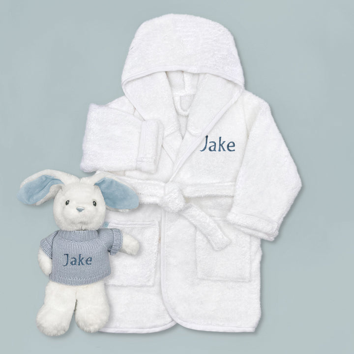 Little Bunny and Bathrobe Hamper, Blue - 0-12 Months with White Personalised Bathrobe