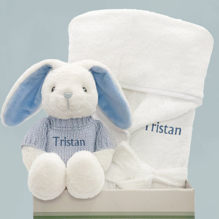 Little Bunny and Bathrobe Hamper, Blue - 0-12 Months with White Personalised Bathrobe