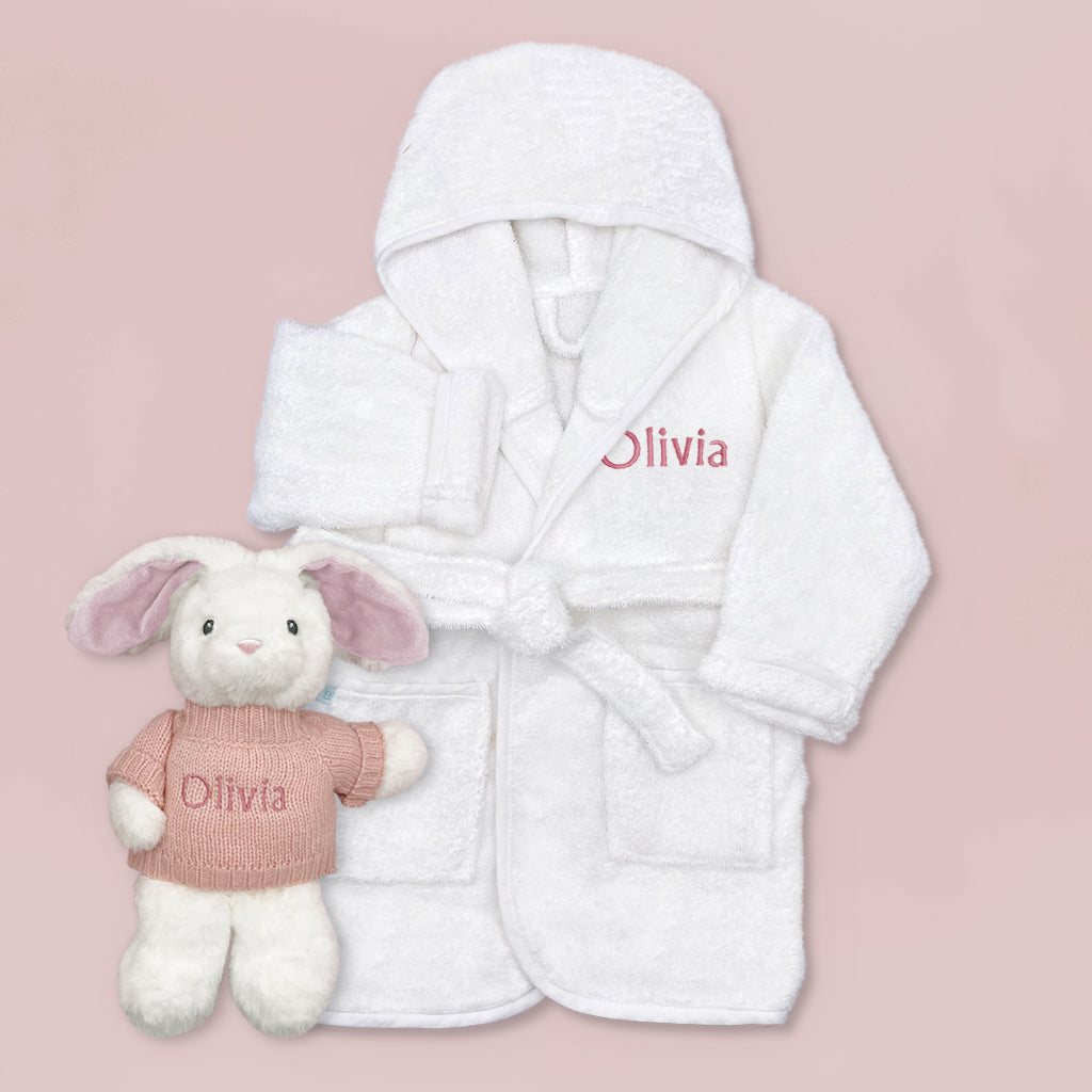 Little Bunny and Bathrobe Hamper, Pink - 0-12 Months with White Personalised Bathrobe