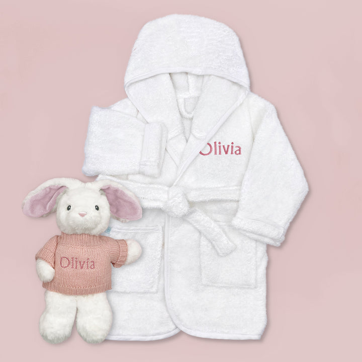 Little Bunny and Bathrobe Hamper, Pink - 0-12 Months with White Personalised Bathrobe