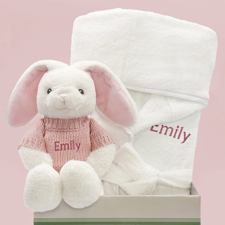 Little Bunny and Bathrobe Hamper, Pink - 0-12 Months with White Personalised Bathrobe