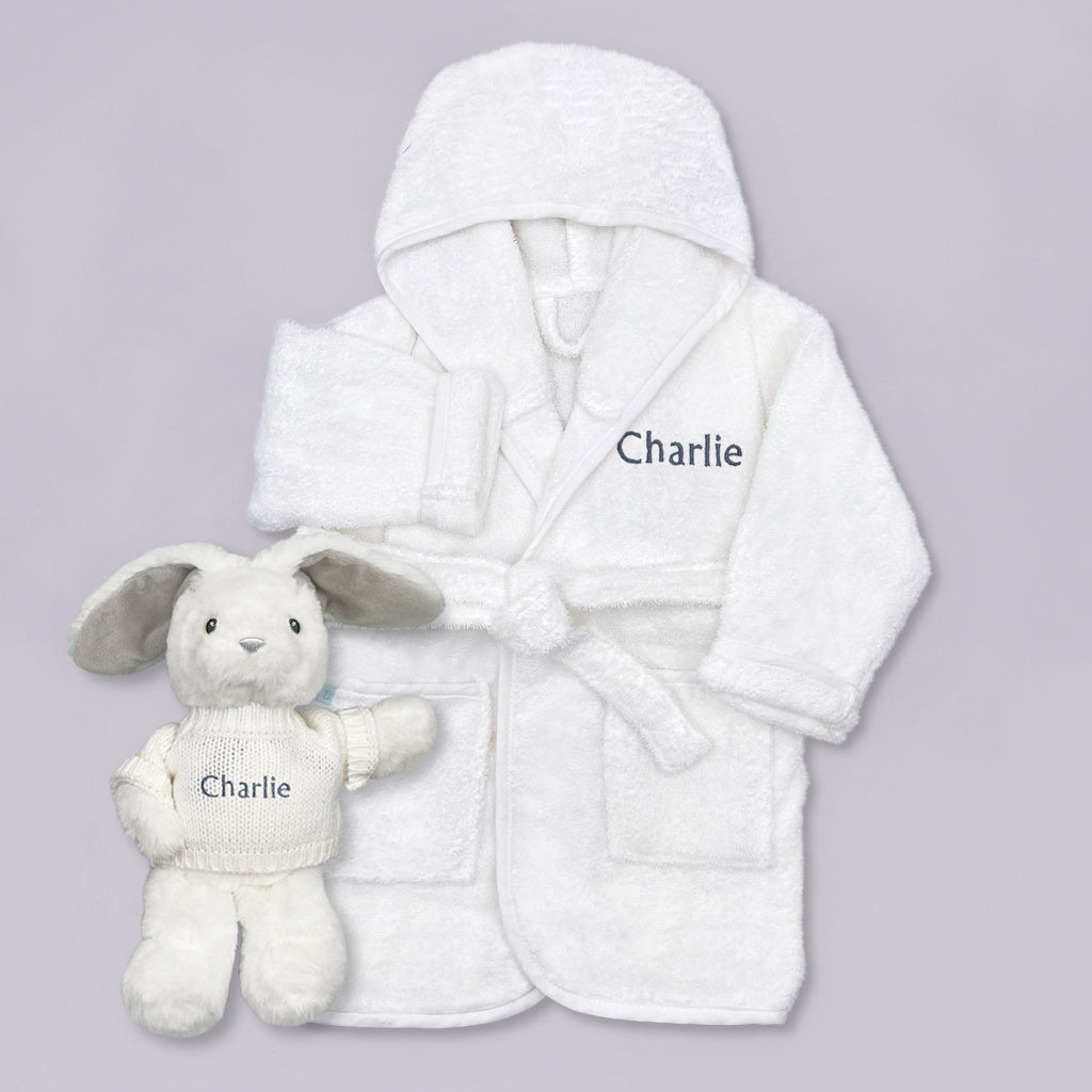 Little Bunny and Bathrobe Hamper, Grey - 0-12 Months with White Personalised Bathrobe