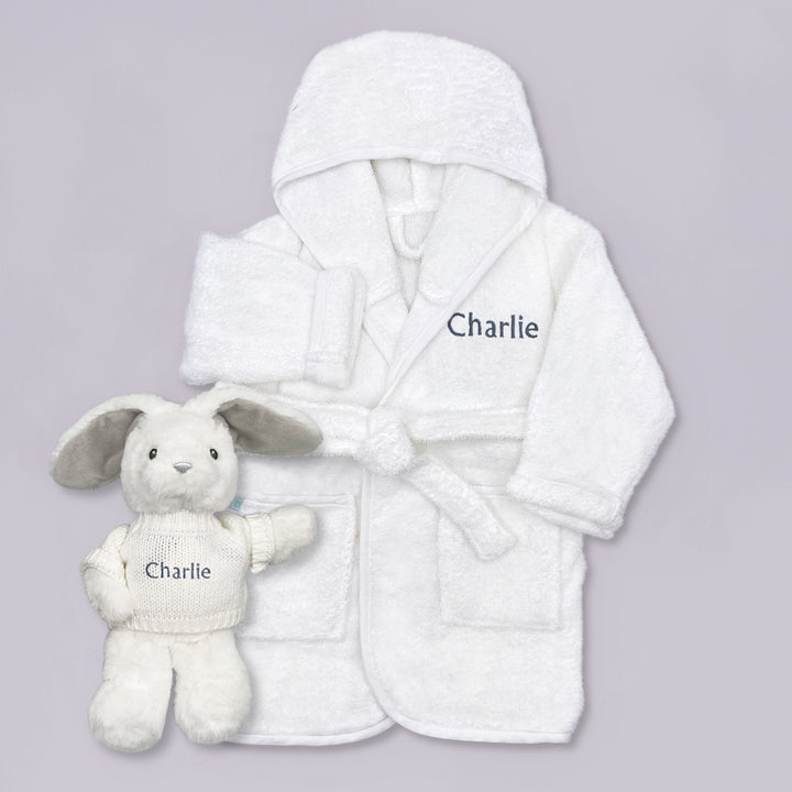 Little Bunny and Bathrobe Hamper, Grey - 0-12 Months with White Personalised Bathrobe