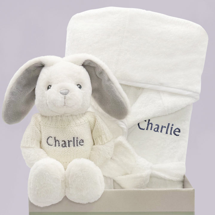 Little Bunny and Bathrobe Hamper, Grey - 0-12 Months with White Personalised Bathrobe
