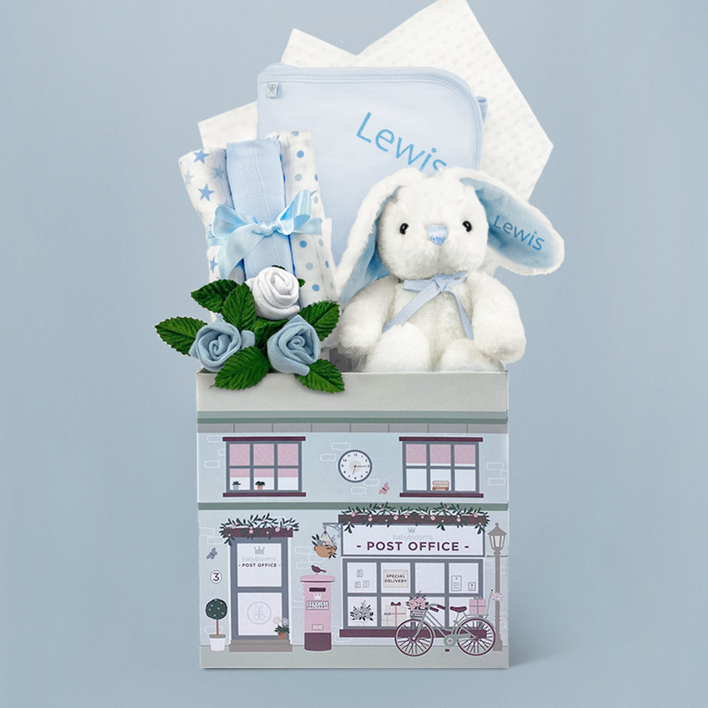 Personalised Baby Boy Gift Set with Little Blue Bunny