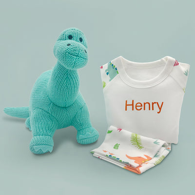 Childrens First Birhtday Present Dinosaur Soft Toy And Personalised Pyjamas