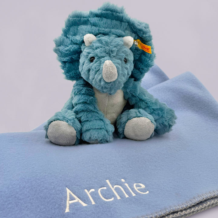 Blue Plush Steiff Dinosaur Soft Toy with Personalised Blue Fleece Blanket 