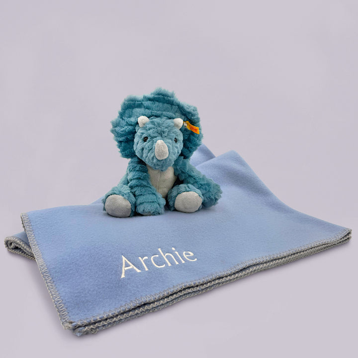 Steiff Triceratops Soft Toy with Personalised Blue Fleece Blanket 