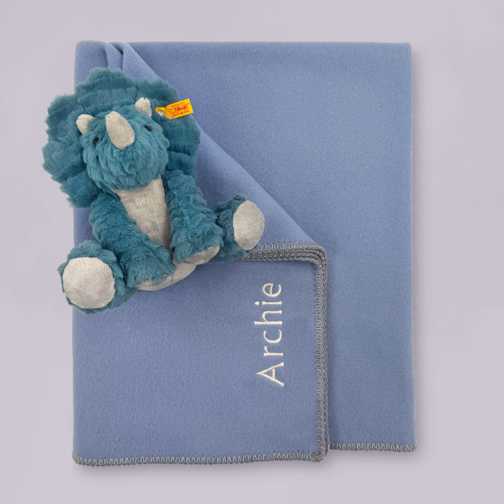 Blue Plush Dinosaur Soft Toy with Personalised Blue Fleece Blanket
