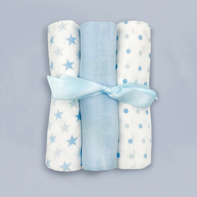 Trio of Ribbon-Tied Muslins Baby Gift, Blue