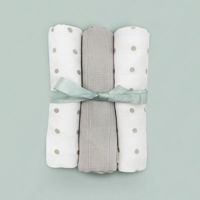 Trio of Ribbon-Tied Muslins Baby Gift, Grey
