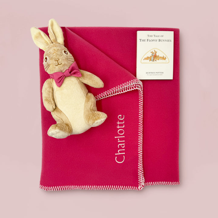 Large Flopsy Bunny Soft Toy with Book and Personalised Fleece Blanket Gift Set