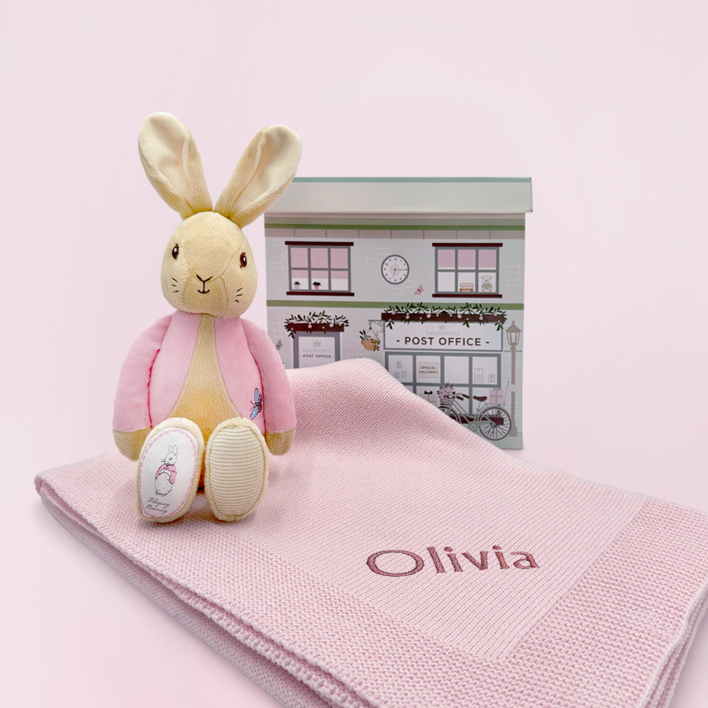 My First Flopsy Bunny and Personalised Pink Knitted Blanket Gift Set