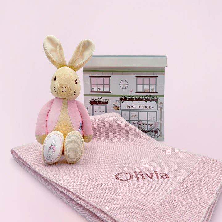 My First Flopsy Bunny and Personalised Pink Knitted Blanket Gift Set