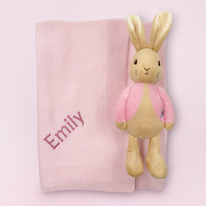 My First Flopsy Bunny and Personalised Pink Knitted Blanket