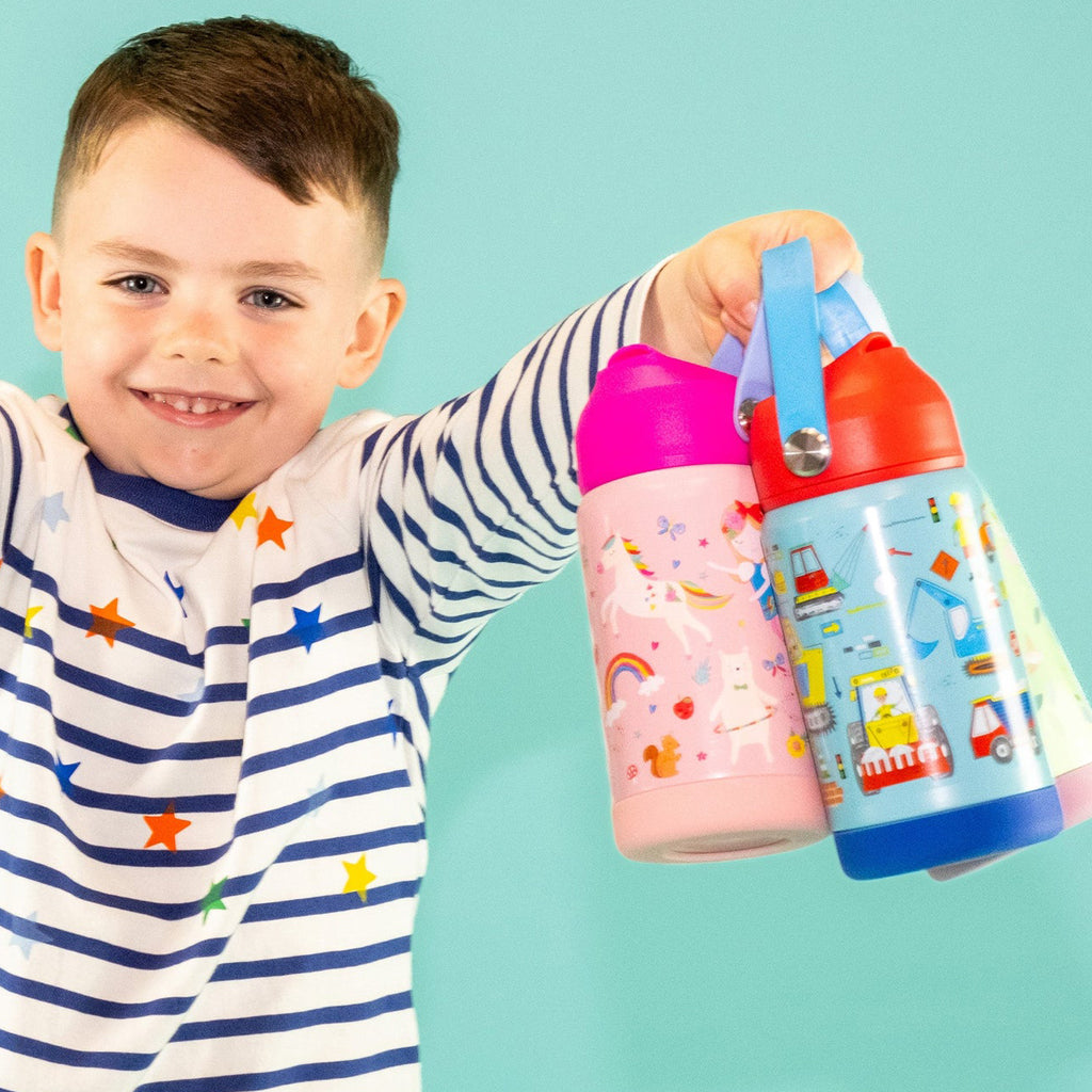 Child Holding Floss & Rock Drinks Bottles