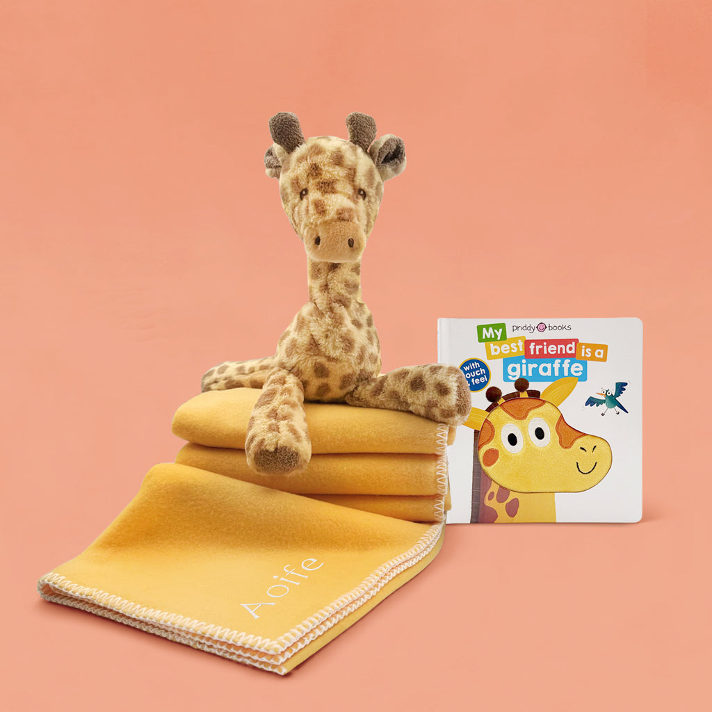Giraffe Soft Toy with Board Book and Personalised Fleece Blanket Toddler Gift Set