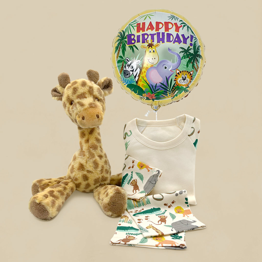 First Birthday Gift Giraffe Soft Toy And Jungle Pyjamas And Balloon