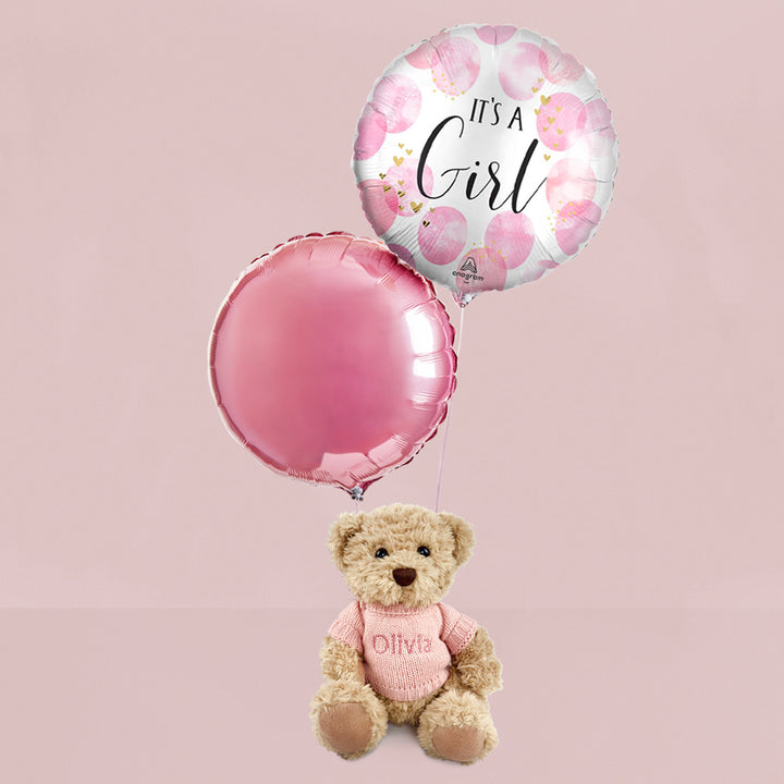 It's A Girl Balloons with Personalised Bertie Bear Soft Toy